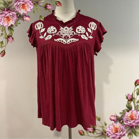 Knox Rose Embroidered Burgundy high neck short  sleeve a-line Top size medium - Picture 1 of 12